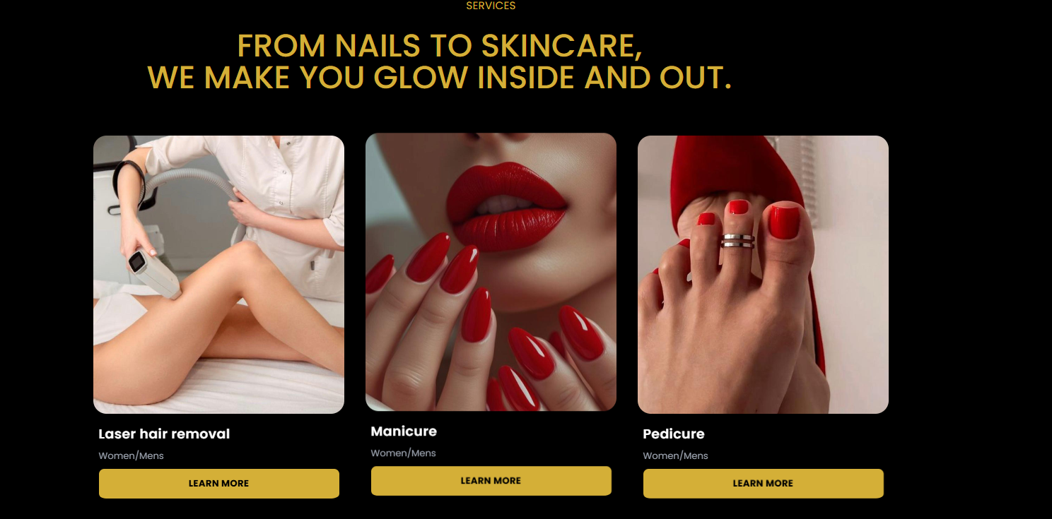 MK Nails & Beauty services page listing nails, laser hair removal, facials and brow treatments